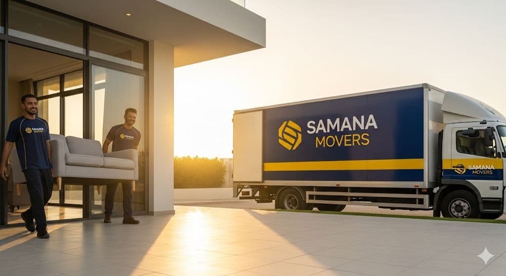 Samana Movers Dubai professional moving team carrying sofa — branded truck visible