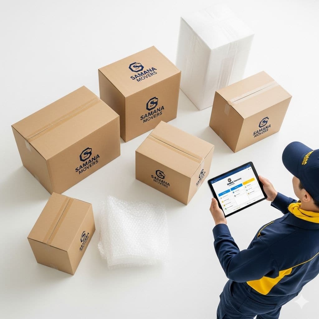 Samana Movers packing service with labeled boxes and inventory tablet — packing in Dubai
